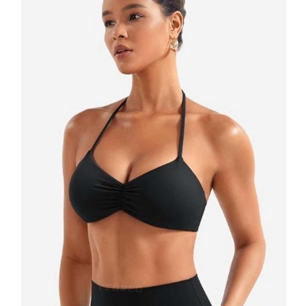 Halter Sports Bra Adjustable Strappy Open Back Impact Removable Pads Black